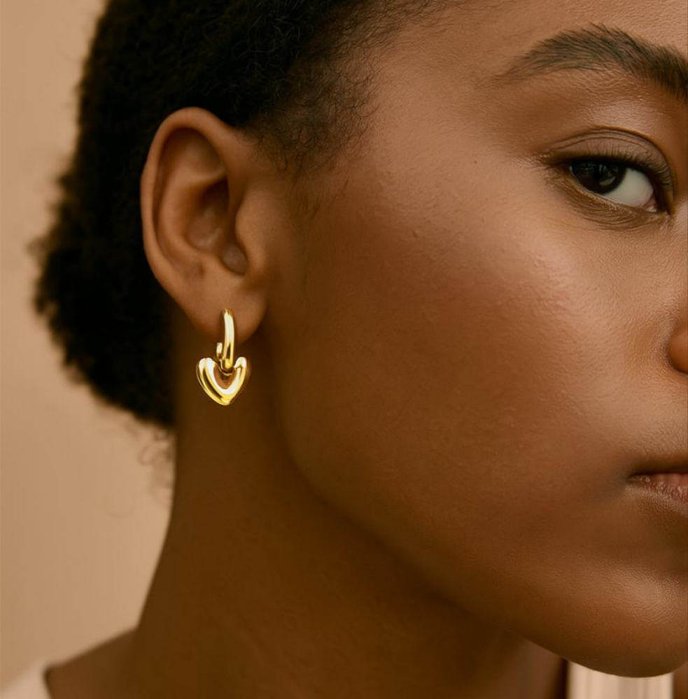 Gold heart hoop drop earrings