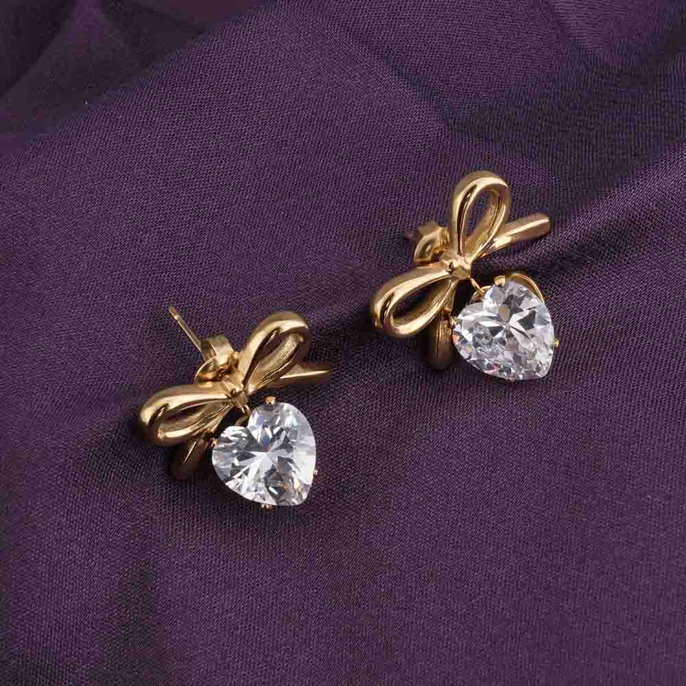 Zircon heart & bow drop earrings