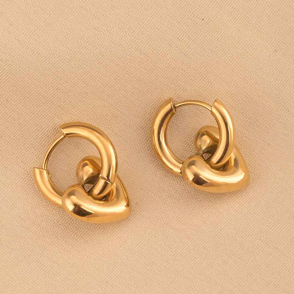 Gold Heart Hoop Drop Earrings