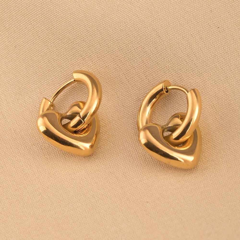 Gold Heart Hoop Drop Earrings