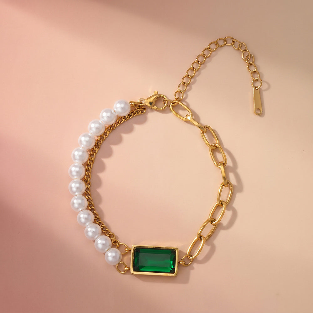 Bold Green Gem Pearl Chain Bracelet