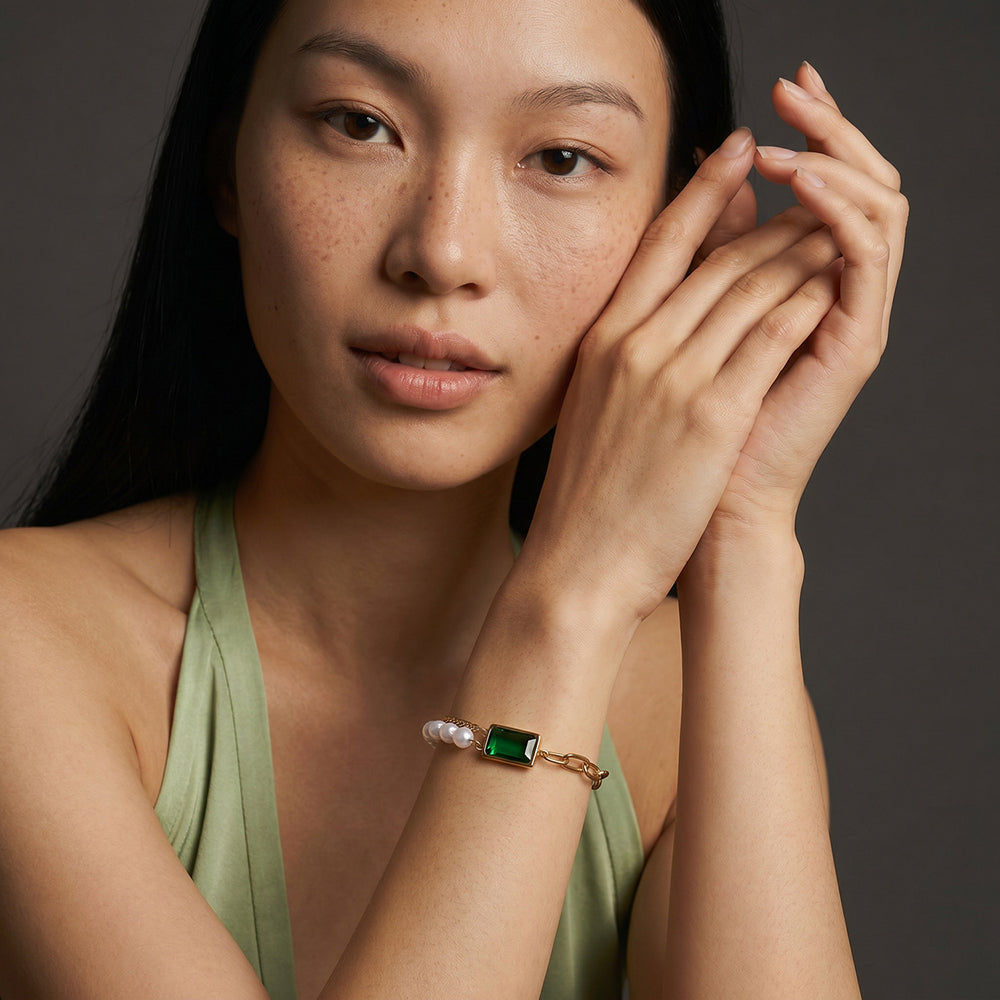 Bold Green Gem Pearl Chain Bracelet