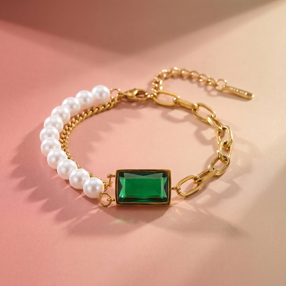 Bold Green Gem Pearl Chain Bracelet