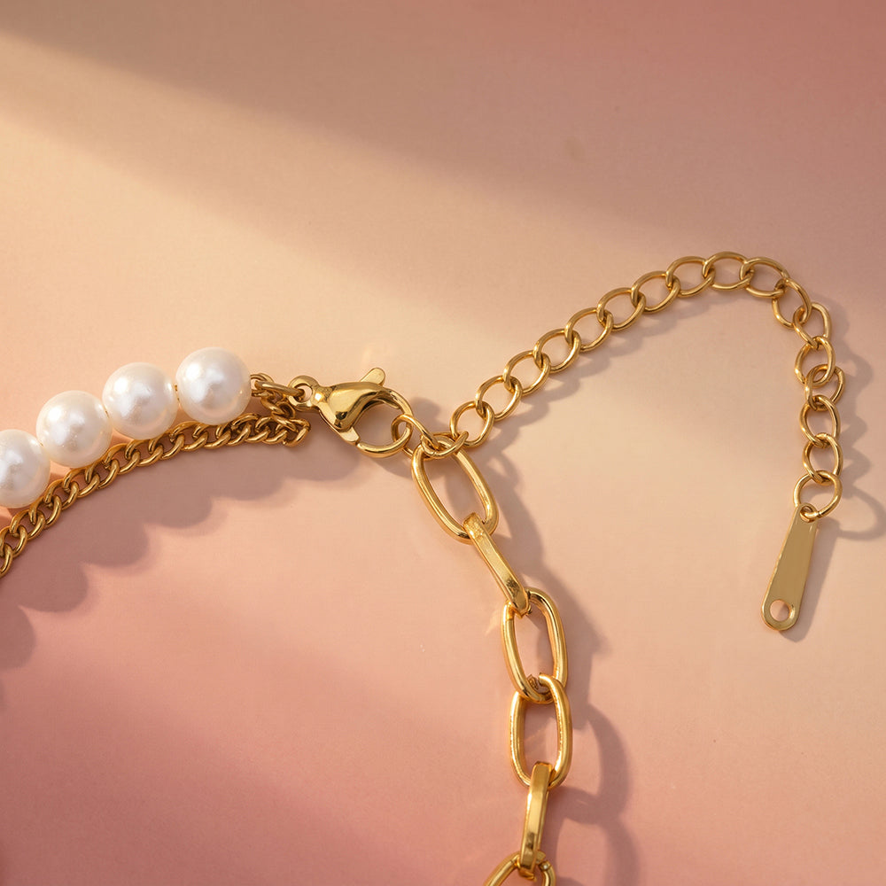 Bold Green Gem Pearl Chain Bracelet