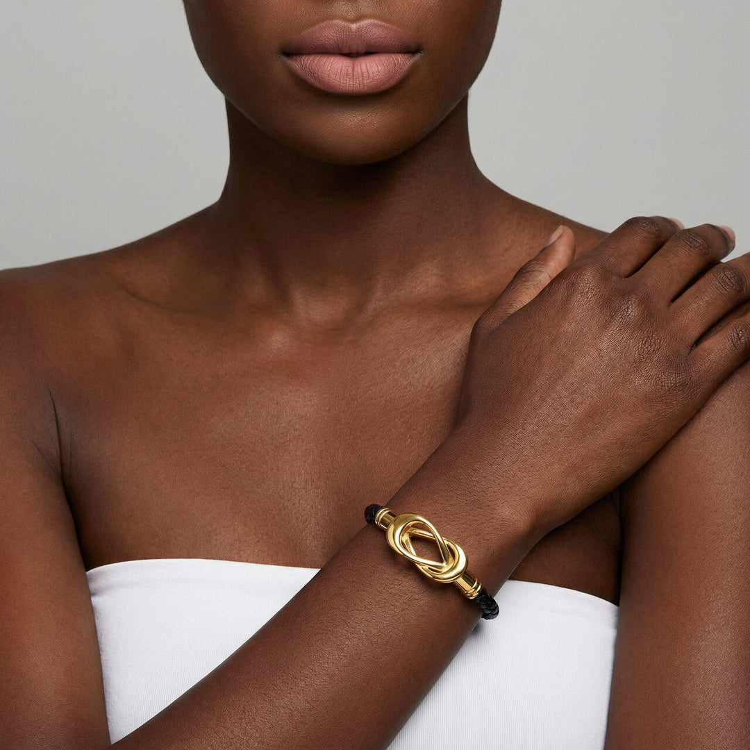 Gold Black leather Bracelet